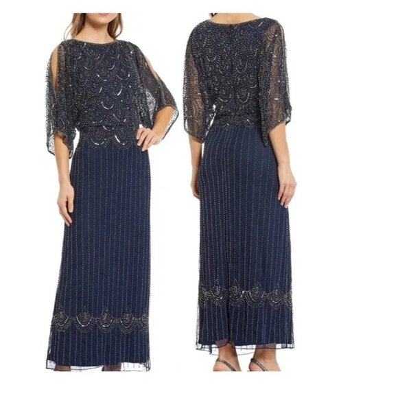 Pisarro Nights Navy Beaded Cold Shoulder Blouson Gown Women's Size 2 NWT - Picture 1 of 7